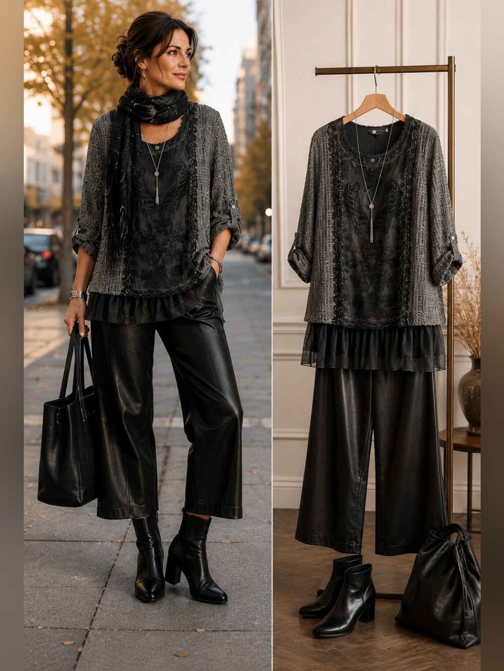 Made in Italy Lagenlook Silk Blend Layered Tunic Top Sheer Embroidered Gray M